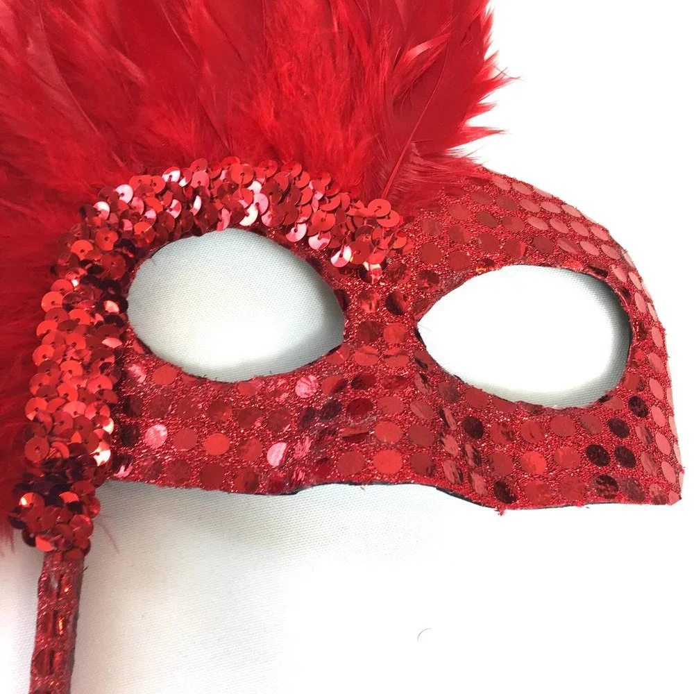 VENETIAN Red Sequin Mask w Red Feathers w/ Handle NWOT NOS